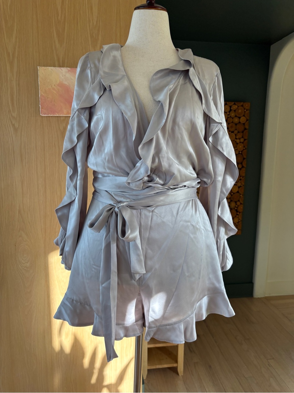 Zimmermann Silver Silk Ruffle Wrap Romper